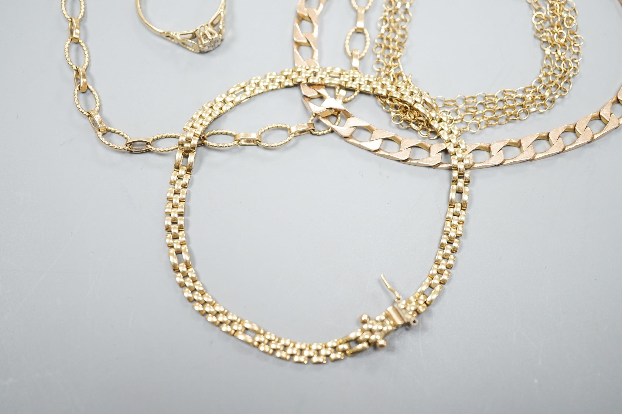 Three assorted 9ct gold bracelets, a 9k chain and a 9ct gold and diamond chip set ring, gross 24.4 grams.